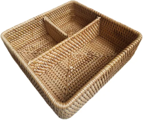 Miniatura 5 de i-lan Caja de almacenamiento tejida a mano de ratán con 3 compartimentos, 10.6 x 10.6 x 4 pulgadas, cesta dividida para servir botellas y utensilios