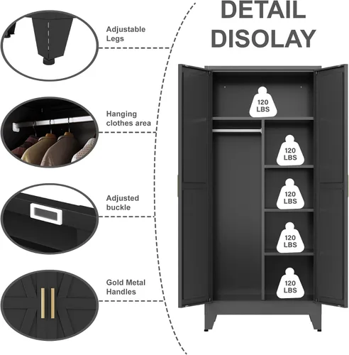 Miniatura 4 de Armario de metal guardarropa con barra para colgar, gabinete de armario de metal de 71'' con 2 puertas y 4 estantes ajustables, armarios