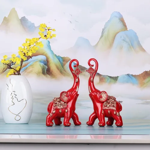 Miniatura 8 de Estatuas de elefante rojo para decoración del hogar, un par de estatuas de elefante de la suerte rojas y esculturas decorativas para la sala