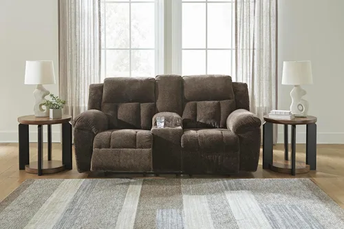 Miniatura 14 de Signature Design by Ashley Frohn - Sofá biplaza reclinable doble manual moderno con consola, almacenamiento y portavasos, color marrón oscuro Gris