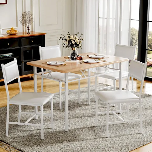 VECELO Juego de mesa de comedor para 4 personas con sillas, mesa de cocina de 5 piezas y sillas acolchadas tapizadas para espacios pequeños, blanco