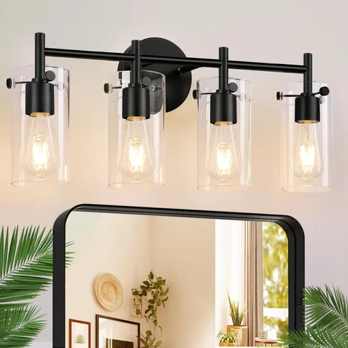 Miniatura 10 de Lámparas de baño de 3 luces actualización 2023, luces de tocador modernas de bronce frotado con aceite con pantalla de vidrio transparente, apliques