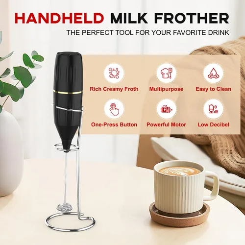 Miniatura 2 de Homexup Espumador de leche de mano de 14,000 rpm, mezclador de bebidas con soporte y cuchara agitadora, funcionamiento silencioso con un botón