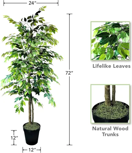 Miniatura 2 de LCG Florals Árbol de ficus artificial de 6 pies en maceta de plástico negro, tronco de madera real, premontado, planta sintética de interior sin