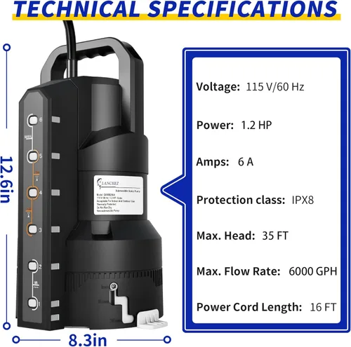 Miniatura 2 de LANCHEZ Bomba de sumidero automática de 1.2HP 6000GPH con 6 modos, bomba de agua sumergible limpia/sucia, bomba de transferencia de eliminación