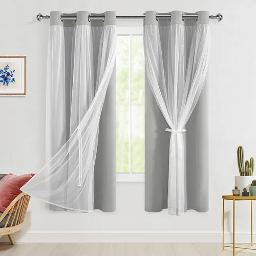 Miniatura 56 de Hiasan Cortinas opacas con superposición transparente, aislamiento térmico para mezclar y combinar de doble capa, cortinas de oscurecimiento de Beige