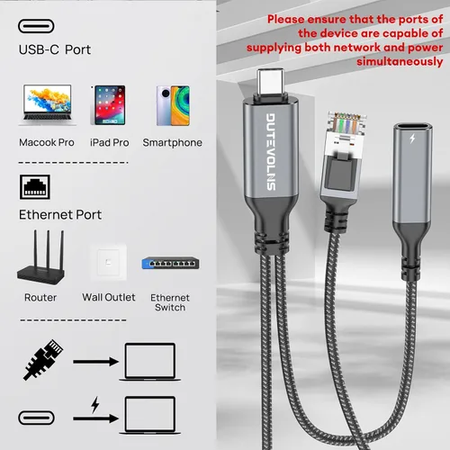 Miniatura 2 de Cable USB C a Ethernet y carga hembra de 6.6 pies, USB-C hembra 60 W PD y Gigabit LAN dos en uno, cable de nailon tipo C a RJ45, conectado