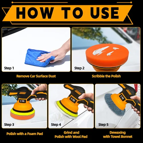 Miniatura 7 de Pulidora de búfer inalámbrica para batería Dewalt de 20V, pulidora de coche de 6 pulgadas con 8 velocidades variables, kit de amortiguadores
