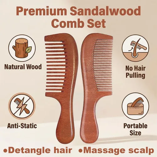 Miniatura 3 de Juego de 2 peines de madera de sándalo, peine de madera de dientes anchos y finos para mujeres y hombres, peine de madera desenredante antiestático