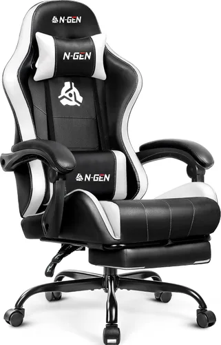 Miniatura 18 de N-GEN GAMING Silla de videojuegos con reposapiés, soporte lumbar para el hogar, oficina, respaldo alto, reclinable, altura ajustable, ergonómica