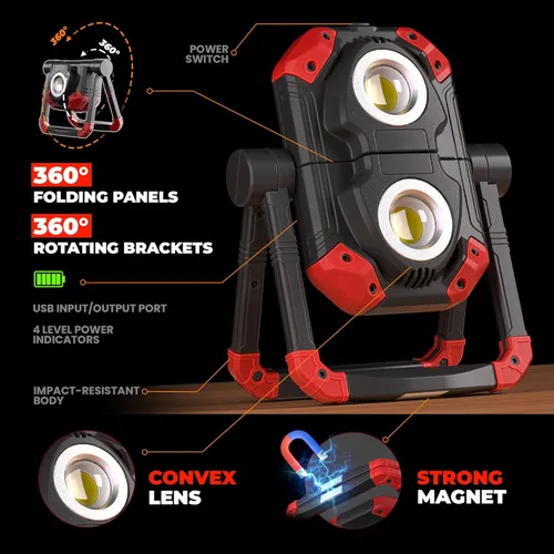 Miniatura 4 de Yzoni Luz de Trabajo LED Recargable, 2 COB 2500LM Luz de Inundación Plegable Portátil con Base Magnética y Soporte de Rotación de 360°, Focos