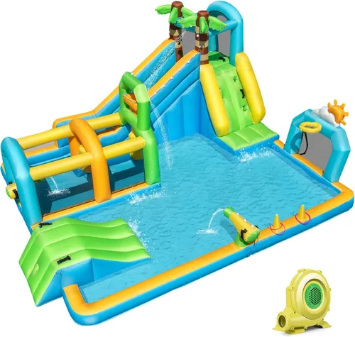 Miniatura 9 de BOUNTECH Parque inflable de tobogán acuático, castillo hinchable de tobogán acuático 9 en 1 con piscina grande, carrera de obstáculos, tobogán