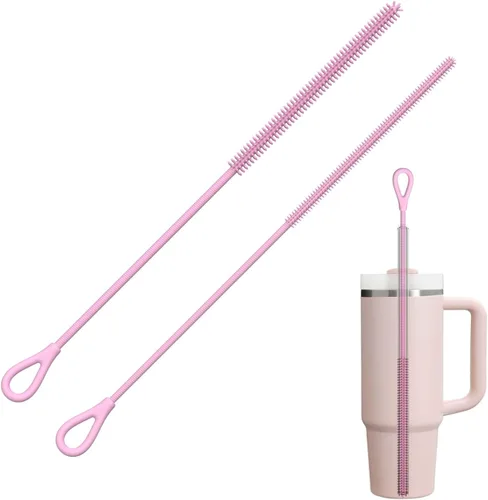 YOTIME Cepillo limpiador de pajitas de silicona, 2 piezas cepillo reutilizable para pajitas extra largo para limpiar vaso térmico con mango y Rosa