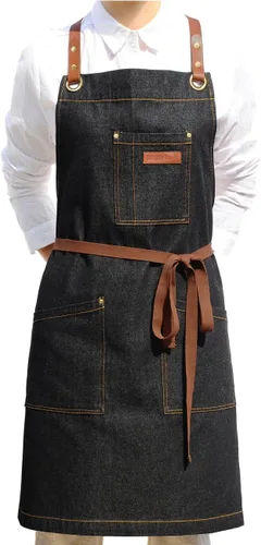 Delantal de mezclilla negro con bolsillos, para cocinero, cocina, estilista, barbacoa, parrilla, pintura, hornear, con correas cruzadas de cuero en