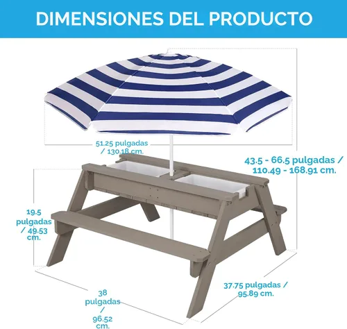 Miniatura 3 de Best Choice Products Mesa de arena y agua 3 en 1 para niños, mesa de picnic convertible de madera para exteriores con paraguas, 2 bandejas, parte