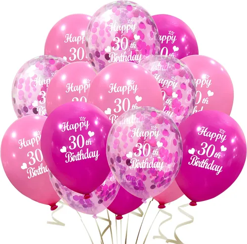 JONHAMWELBOR Globos de Feliz 30º Cumpleaños (30 piezas de 12 pulgadas) Rosa Intenso y Rosa Látex Inflables Confeti Aniversario Fiesta Globos de