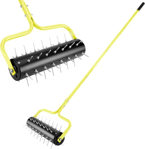 Aireador de césped rodante de 21 pulgadas, 45 picos premontados, solo necesita 3-5 minutos para montar, sin holgura, buen paquete, mango de 75