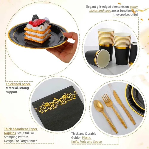 Miniatura 3 de Juego de 350 platos desechables de plástico negro y dorado para fiesta de graduación para 50 invitados, cubiertos de 9 pulgadas, platos de postre