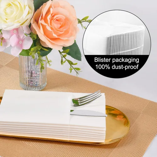 Miniatura 4 de Servilletas desechables de color blanco, paquete de 100 servilletas de papel de tacto de lino con bolsillo integrado para cubiertos, tela preplegada