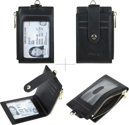 Miniatura 3 de Tarjetero de cuero para mujer, con bloqueo RFID, delgado y pequeño, con cremallera, llavero, bolsillo frontal, con 2 ventanas para identificación