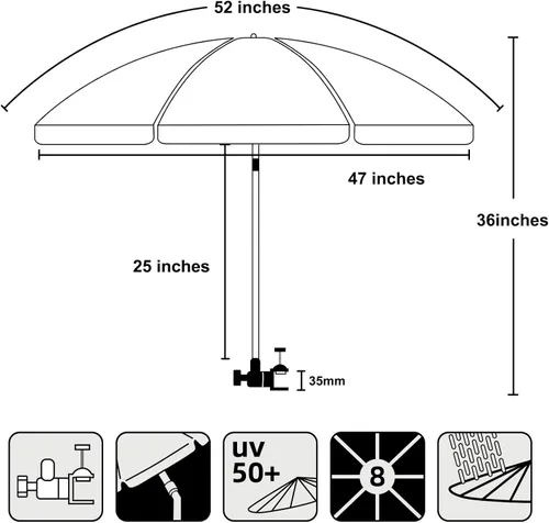 Miniatura 5 de AMMSUN Paraguas para silla XL con abrazadera universal ajustable de 47 pulgadas y giratorio de 360 grados UPF 50+, abrazadera portátil para silla