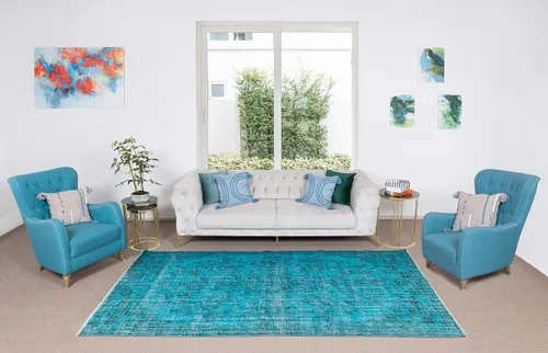 Miniatura 2 de 6.3x10 Ft Handmade Vintage Turkish Rug Over-Dyed in Teal for Modern