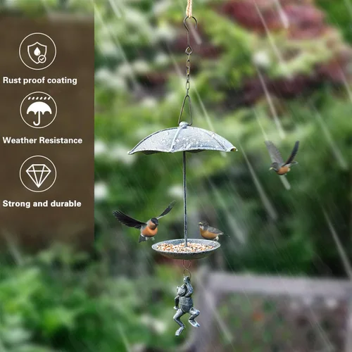 Miniatura 8 de Sungmor Comedero decorativo colgante para pájaros, baño de pájaros de hierro fundido impermeable, diseño único de paracaidismo de rana verde