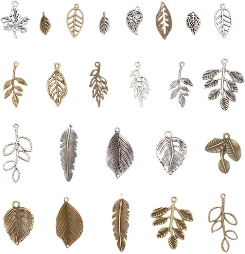 PH PandaHall 14 estilos de dijes de hoja de árbol, 96 piezas de aleación tibetana de hojas de rama, dijes de metal, suministros para primavera,