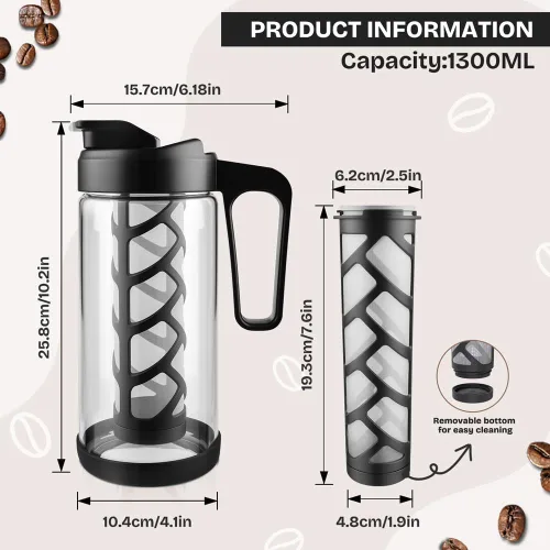 Miniatura 5 de wedrink Cafetera fría de 44 onzas, jarra de vidrio de borosilicato de 1.3 L con mango cómodo, filtro extraíble y parte inferior de silicona