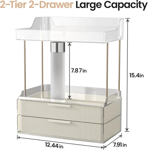 Miniatura 2 de Delamu Organizadores y Almacenamiento de Baño, Organizador de Maquillaje de 2 Niveles 2 Cajones para Encimera, Fácil de Instalar, Ideal para Blanco