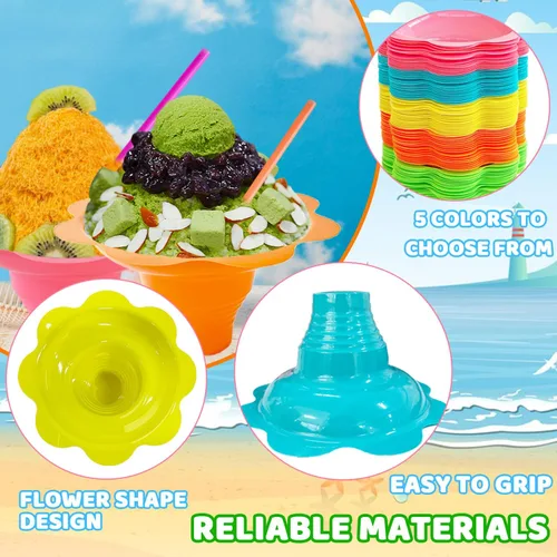 Miniatura 3 de Haawooky 200 tazas de cono de nieve en forma de flor colorida de 8 onzas con cucharas y pajitas, vasos de plástico para goteo de hielo afeitado