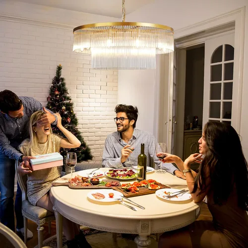 Miniatura 7 de Candelabros de Vidrio, Candelabro de Latón de Dos Niveles con 10 Luces de 31.5" para Sala de Estar, Candelabros Modernos Redondos de Gran