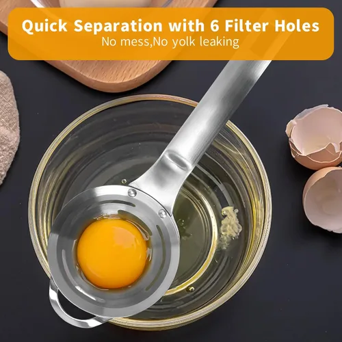 Miniatura 4 de Separador de huevos de acero inoxidable: filtro blanco de yema de huevo para huevos crudos, divisor de huevos de 6 agujeros con mango extendido