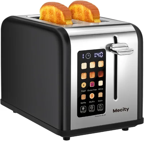 Miniatura 11 de Mecity Tostadora de pantalla táctil de 2 rebanadas, ranura ancha de 1.5 pulgadas, tostadora inteligente de acero inoxidable para bagels, magdalenas