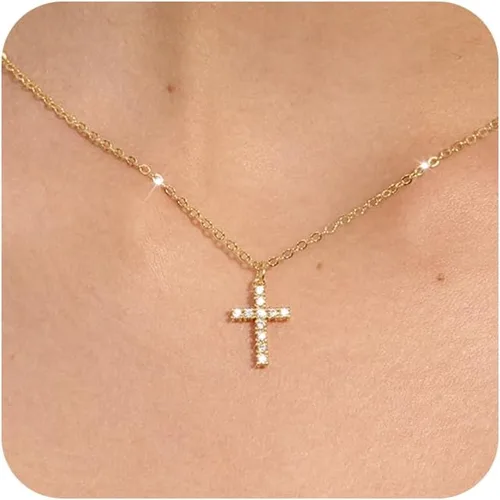 Tewiky Cross Necklace for Women-Dainty Simple 14k Goldsterling silver Plated Cross Pendant Cute Diamond Necklaces for Women Gold Jewelry