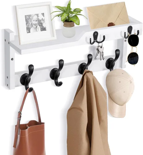 Miniatura 7 de dreampossible Perchero de pared con estante, perchero de pared con ganchos para llaves y soporte para correo, estante flotante de entrada de madera