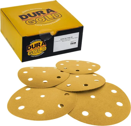 Miniatura 7 de Dura-Gold Discos de lijado dorados de 5 pulgadas de alta calidad, grano 320 (caja de 50), papel de lija de 9 agujeros sin polvo con gancho y bucle