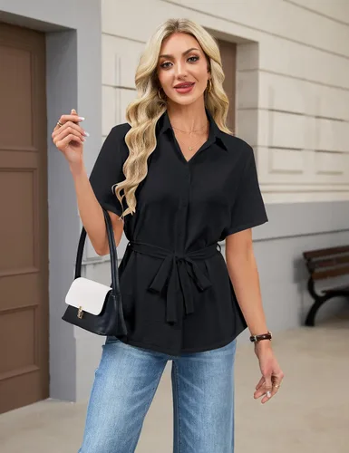 Miniatura 4 de Blooming Jelly Camisa con botones para mujer, cuello con lazo, manga corta, casual, para negocios, blusa de trabajo a la moda de verano
