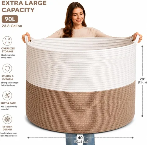 Miniatura 2 de Cesta de cuerda de algodón extra tejida, 87 L, hecha a mano, 22 x 22 x 14 pulgadas, cesta organizadora de lavandería con asas, organizador