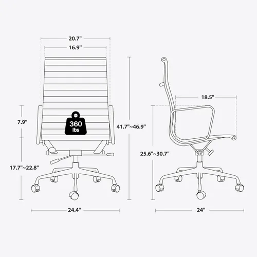 Miniatura 3 de Silla de oficina acanalada con cuero de grano superior, silla de escritorio ergonómica con respaldo alto con brazos y marco de aluminio, ruedas