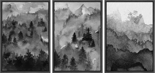 NWT Lienzo enmarcado para pared, juego de arte en acuarela pastel, bosque de montaña oscura, naturaleza silvestre, ilustraciones de arte moderno,