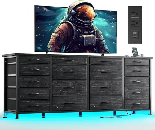EnHomee - Soporte de TV negro de 63 pulgadas de ancho para sala de estar, 18 cajones, LED y carga | Long Dresser for 65"-75" TV, Deep Drawer,