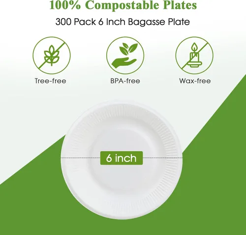 Miniatura 3 de Vplus Platos de papel pequeños 100% compostables, paquete de 300 platos de papel desechables de 6 pulgadas, biodegradables sin recubrimiento, hechos