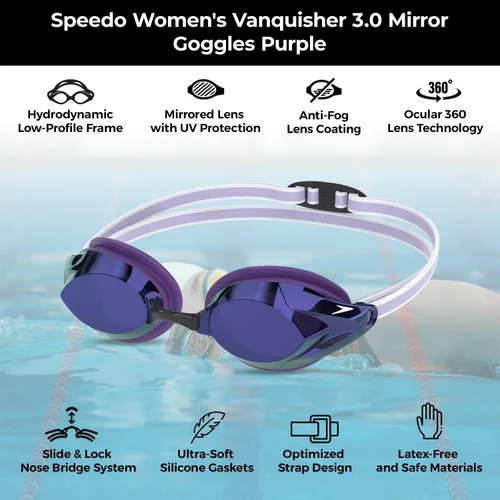Miniatura 2 de Speedo Gafas de natación para mujer Vanquisher 3.0 con espejo Antiempaña, protección UV, lente ocular 360, ajuste para carreras de mujer Púrpura