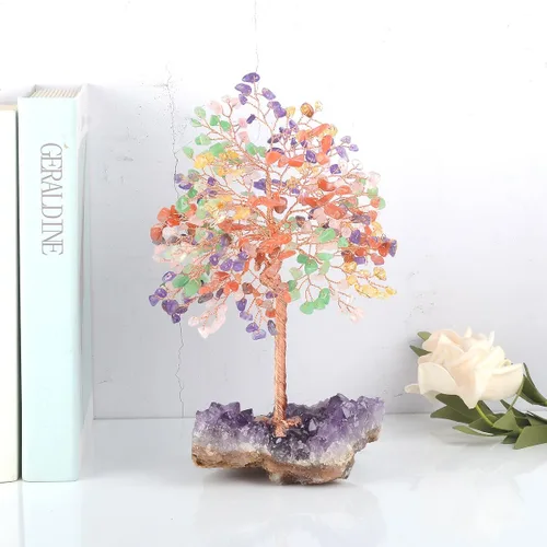 Miniatura 2 de Árbol de Chakra de la Vida de Piedras Preciosas Naturales Árbol de Cristal, Piedras Curativas (406 Piedras) con Racimo de Amatista, Decoración