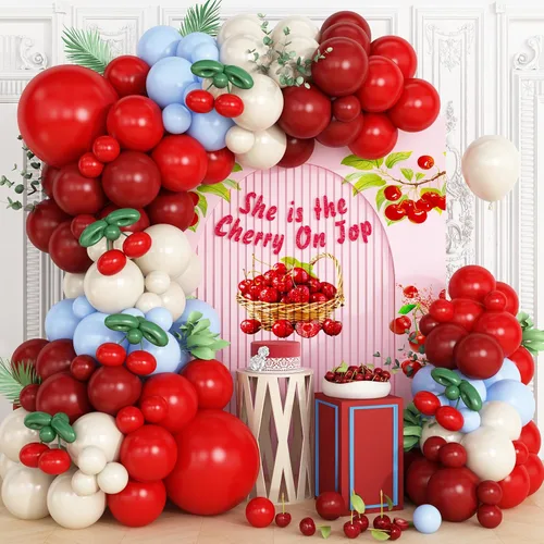 Kit de arco de guirnalda de globos de cereza azul y rojo, globos largos para niñas, cumpleaños, ella es cereza en la parte superior, baby shower,