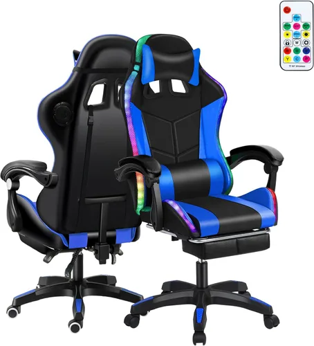 Miniatura 12 de Silla de juegos con altavoces Bluetooth y luces LED, silla ergonómica de piel sintética con reposapiés retráctil, silla giratoria de 360° con Rojo