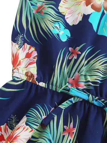 Miniatura 4 de Romwe Vestido de verano para niña con estampado floral bohemio sin mangas Blanco