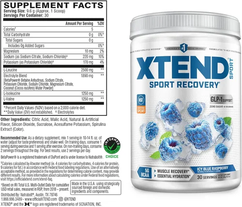 Miniatura 2 de XTEND Sport BCAA Powder Blue Raspberry Ice - Polvo de electrolitos para recuperación e hidratación con aminoácidos - 30 porciones