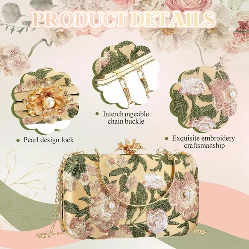 Miniatura 3 de 4 Pcs Vintage Floral Embroidered Clutch Jewelry Set, Evening Handbag Necklace Earrings Bracelet Wedding Gift Prom Christmas